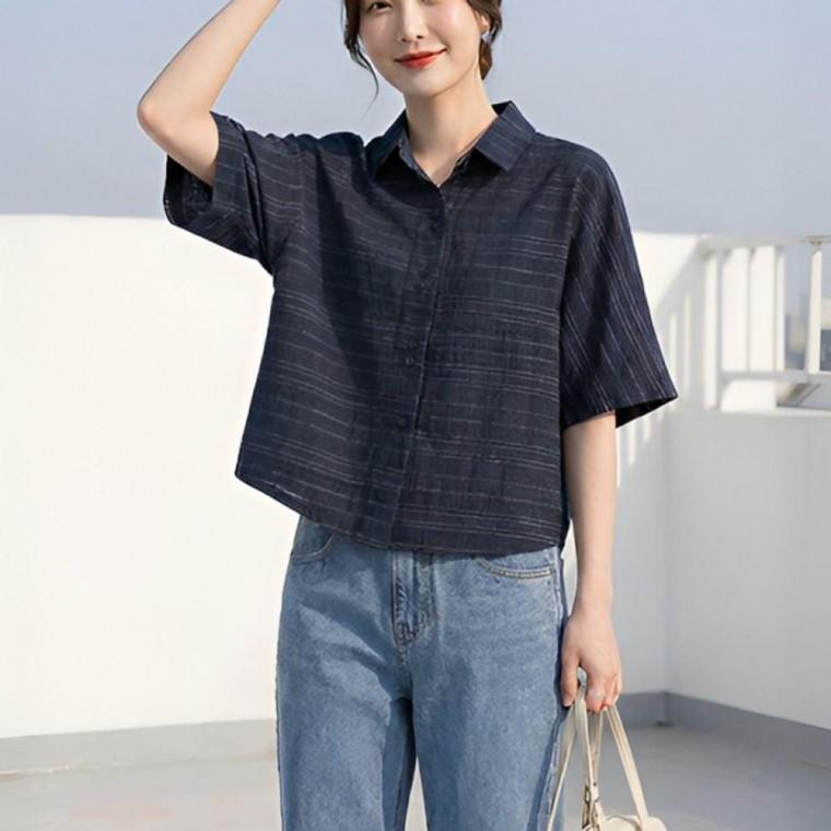 여성 여름 세미크롭 카라 티셔츠 블라우스 네이비 옐로우 세미크롭반팔티 오피스룩 여름반팔티셔츠