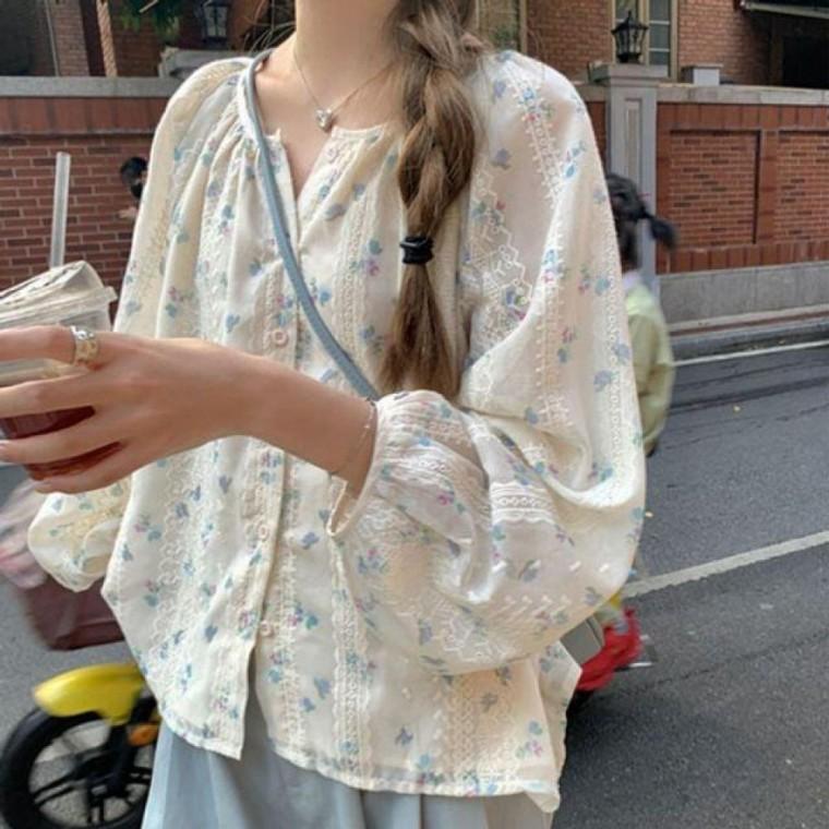 레이스 여름 블라우스 여성 긴팔 셔츠 루즈핏 상의