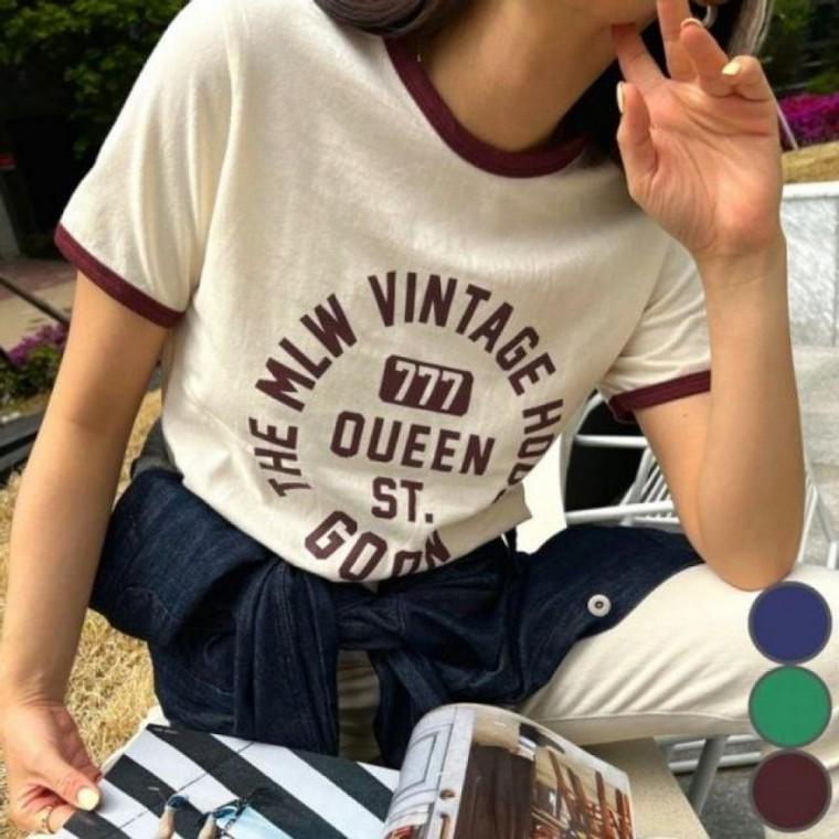 여자티셔츠 빈티지 여성반팔 반팔 퀸 배색 여성 여자티셔츠 여름티 반팔