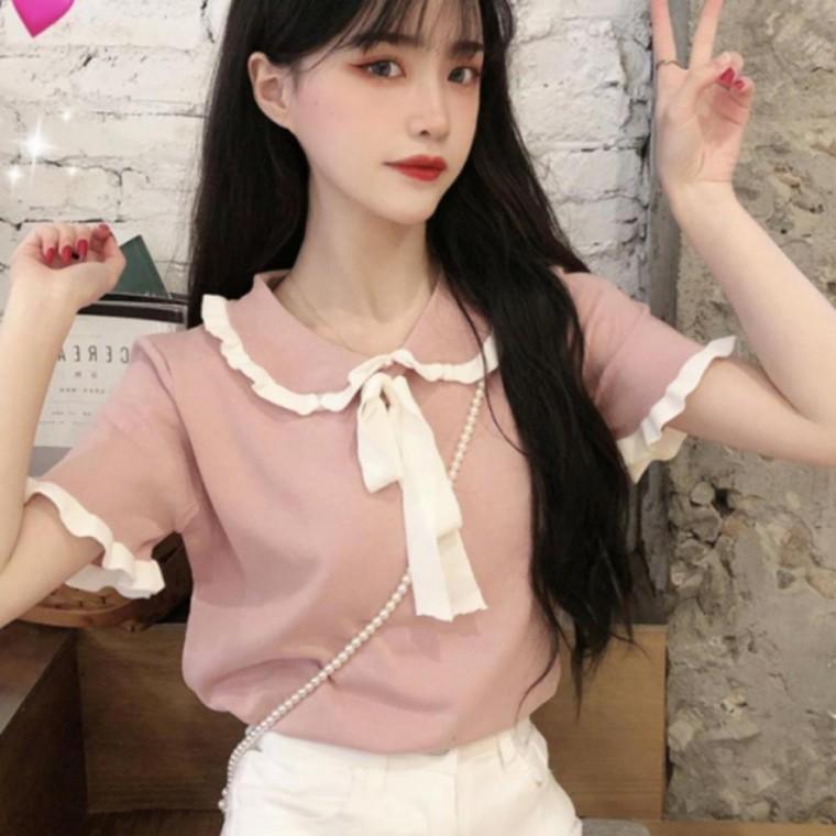 리본 카라 반팔 여성 티셔츠 데이트룩 여름 러블리 여자 프린트티 반팔 티