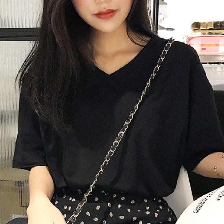 여성 여름 브이넥 무지 반팔 기본 티 셔츠 블랙 반팔티 티셔츠 여자 기본티 흰색 여성흰