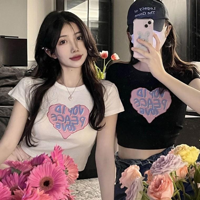 하트 여자크롭티 반팔 티셔츠 여름 크롭반팔티 여자크롭탑 프린팅 여자반팔티