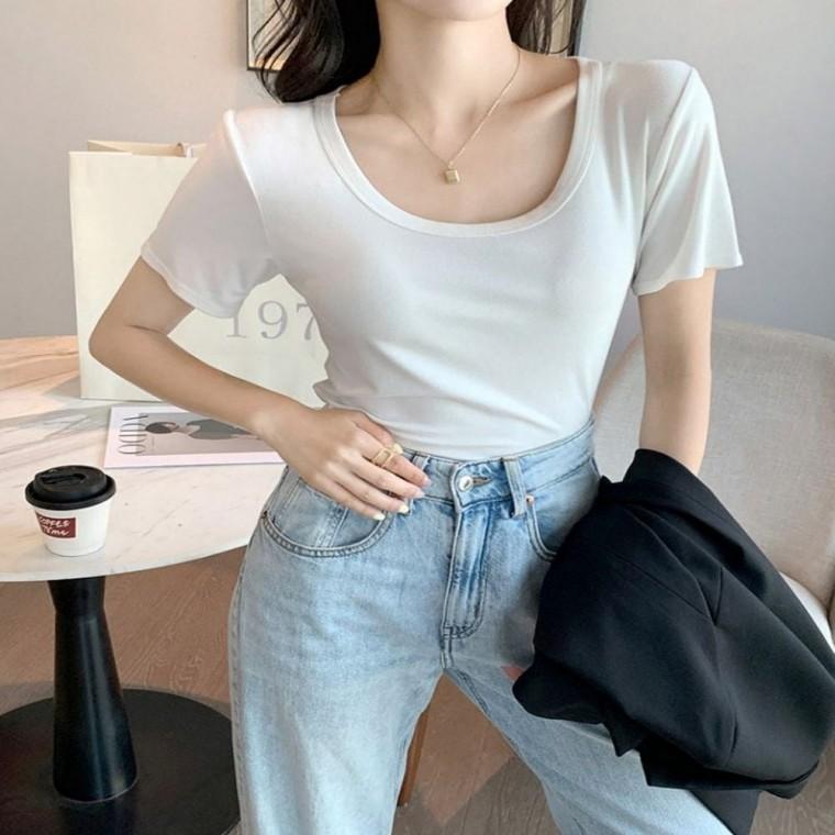 여름 U넥 여성티셔츠 봄 시원한 얇은 여성 슬림핏 여자반팔티셔츠