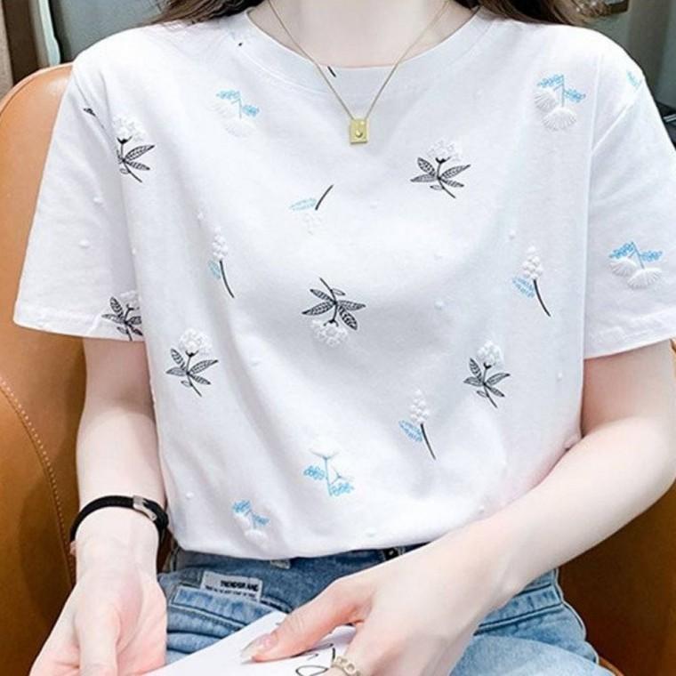 푸른 입체꽃 꽃잎 여유핏 여름 여성티셔츠 반팔티셔츠 여자반팔면티