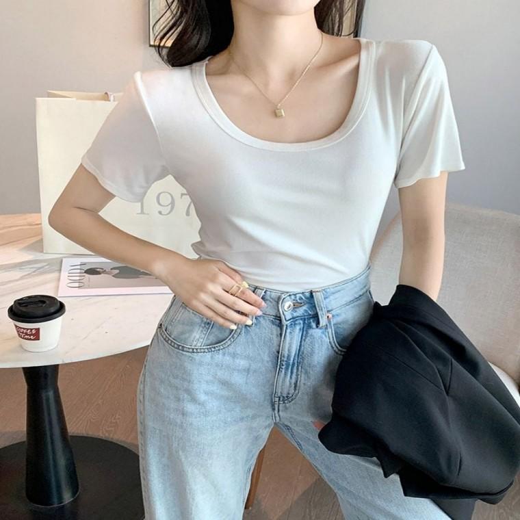 반팔티셔츠 얇은 U넥티셔츠 여성반팔 여자 U넥 여름 데일리룩 여성티셔츠