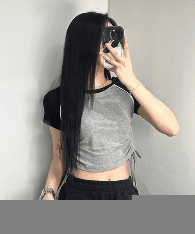 여성 옆 셔링 나그랑 티 배색 크롭 반팔 티셔츠 [3color 여자 라글란 스트링 핑크 소라 스카이 그레이]