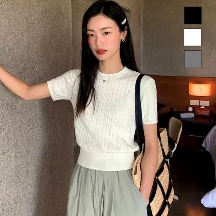 여자여름니트티 반팔티셔츠 여성티셔츠 꽈배기 캐주얼 스타일 여자반팔면티