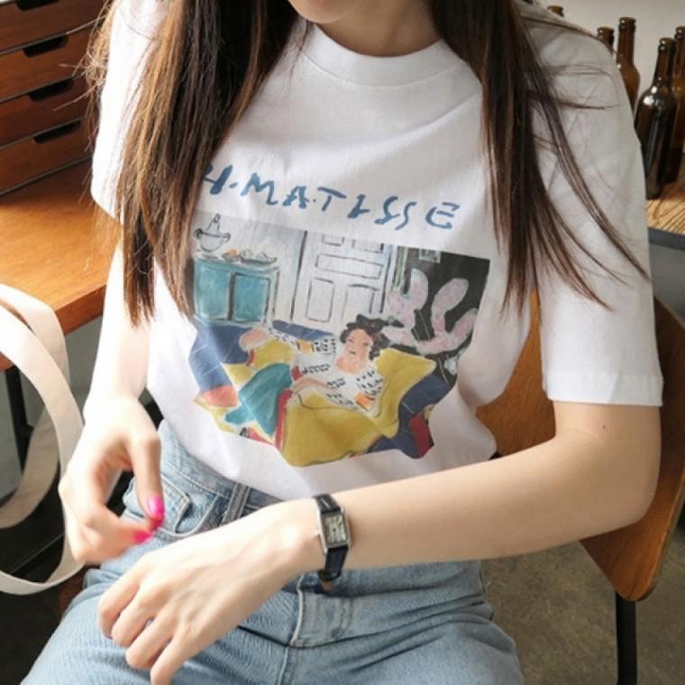 여성반팔티 여성 여름 프린팅 라운드넥 면 반팔 티셔츠 여자반팔티