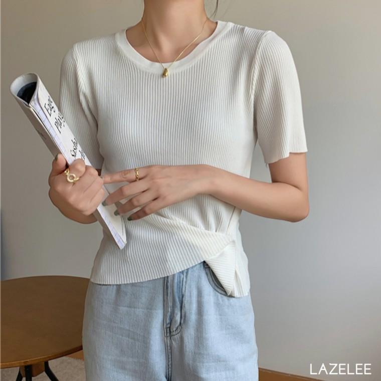레이즐리 언발 랩 골지 반팔 티셔츠 여성 라운드 니트 봄 여름 무지 여성티셔츠 여성봄티셔츠 언발티셔츠