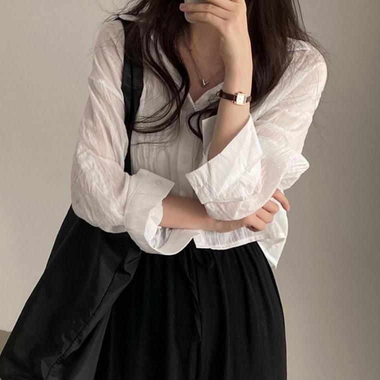 여성 여리한 4컬러 여유핏 시스루 봄 여름 숏 셔츠 남방
