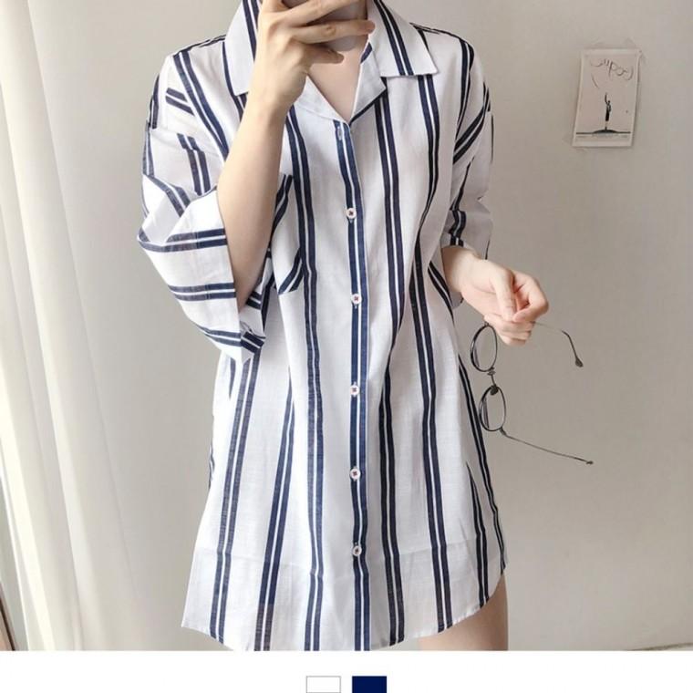 스트라이프 비치 커버업롱 셔츠 여성 네이비 린넨 반팔 여자 여름 남방 오버핏 여자루즈핏