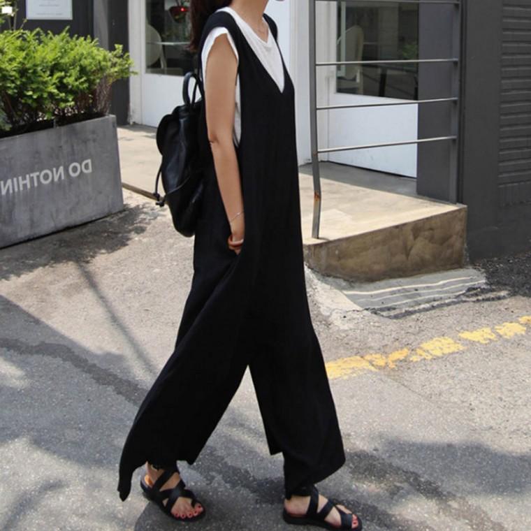 루즈핏 여성 점프 와이드 여성 u넥 점프 팬츠 여름 여성점프슈트 민소매점프수트