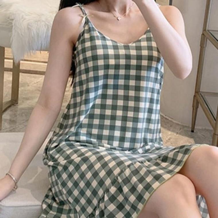 여자 여성 홈웨어 원피스 여름 캡 내장 잠옷 브라 체크그린 파자마 캡내장