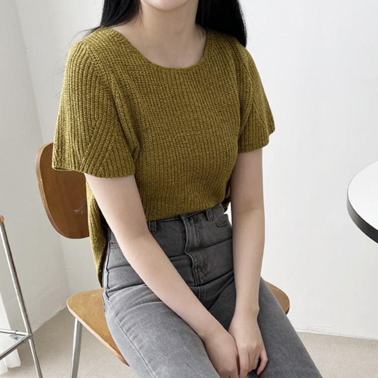 여성 여자 라운드 니트 골지 포인트 패턴 데일리 캐주얼 러블리 반팔 여름 크롭 패션 상의 일상 심플