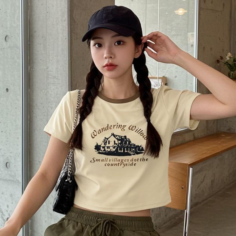 여성 여름 티셔츠 프린팅 세미 크롭 반팔티 크림 Beige 여자 크롭티 예쁜 레터링