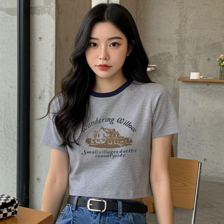 여성 여름 티셔츠 프린팅 세미 크롭 반팔 그레이 반팔티 여자 크롭티 예쁜 레터링