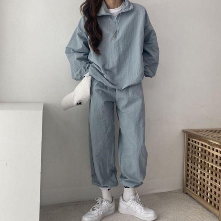 여성 데일리 반집업 봄 여름 가을 무지 디자인 세트 츄리닝 트레이닝복 여자 바지 추리닝