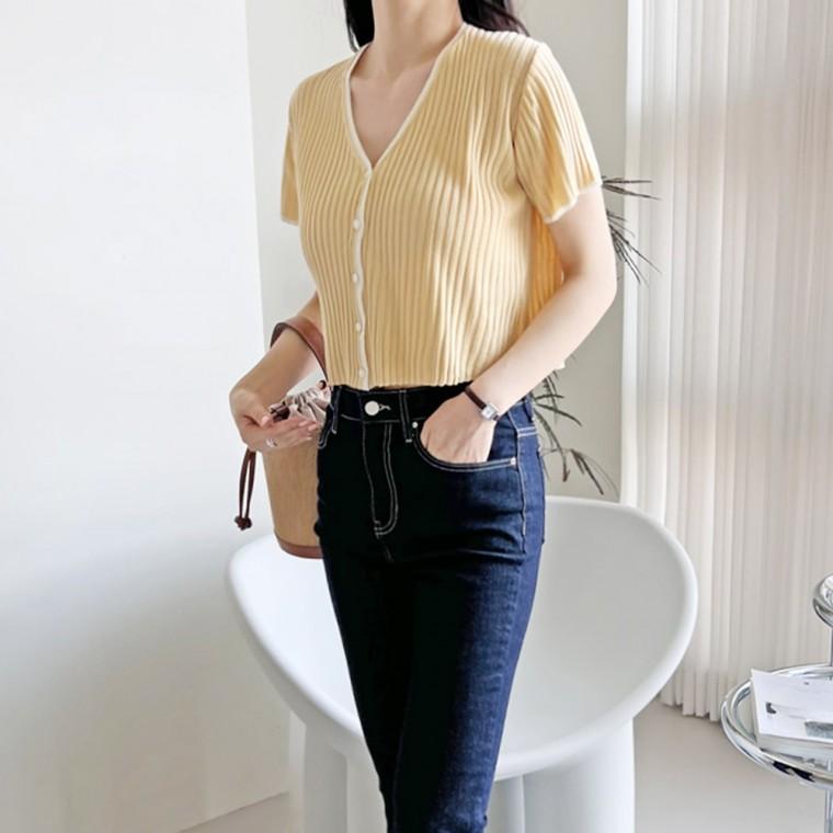 여성 여자 크롭 가디건 골지 패턴 브이넥 브이 데일리 캐주얼 러블리 여름 반팔 니트가디건 패션 아우터