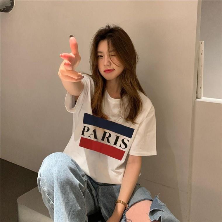 순면 오버핏 Paris 여성 반팔티 여성면티 라운드티 숏슬리브 여름 루즈핏면티 박스티