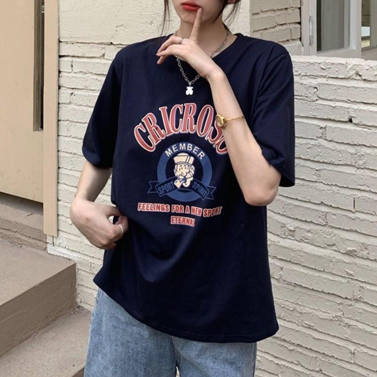 여성 루즈핏 반팔 티셔츠 여름 프린팅 네이비 반팔티 여자 레터링 기본 데일리 예쁜