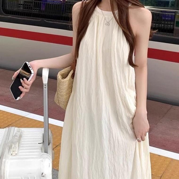 꼬임 홀터넥 가벼운 민소매 롱 원피스 여자 반팔 여름 데일리 여성 캐주얼 루즈핏 미니