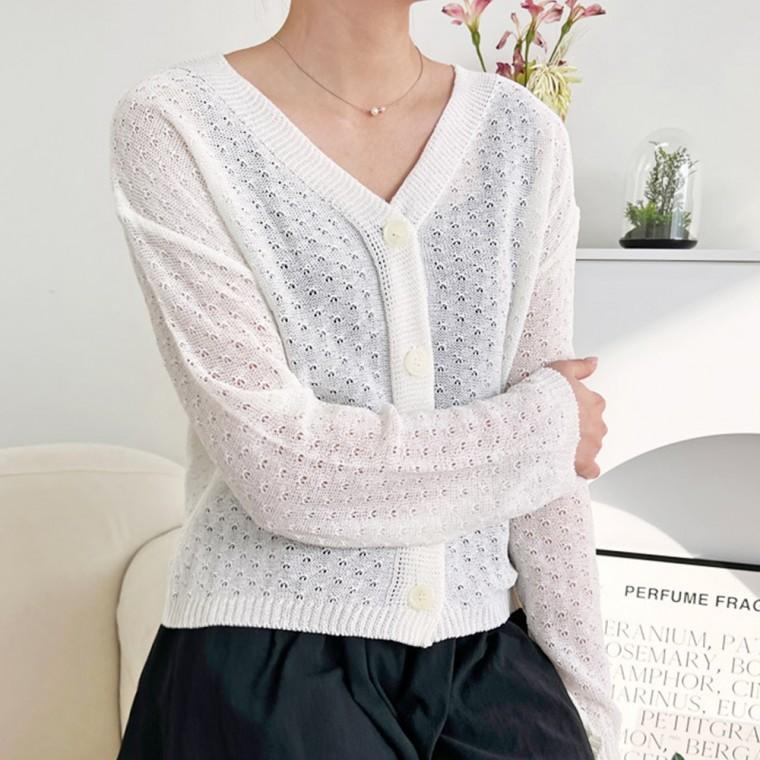 여성 여자 브이넥 가디건 봄 여름 긴팔 펀칭 패턴 포인트 패션 아우터 데일리 캐주얼 러블리 직장인 학생