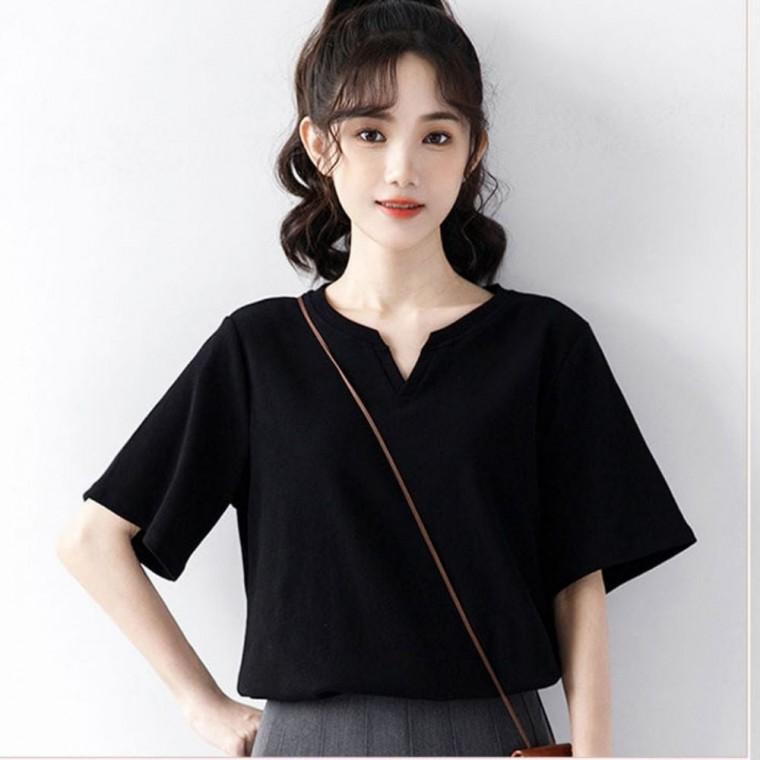 앞트임 블랙 빅사이즈반팔티 기본 여성 브이넥 티셔츠 여자반팔티 여름 반팔