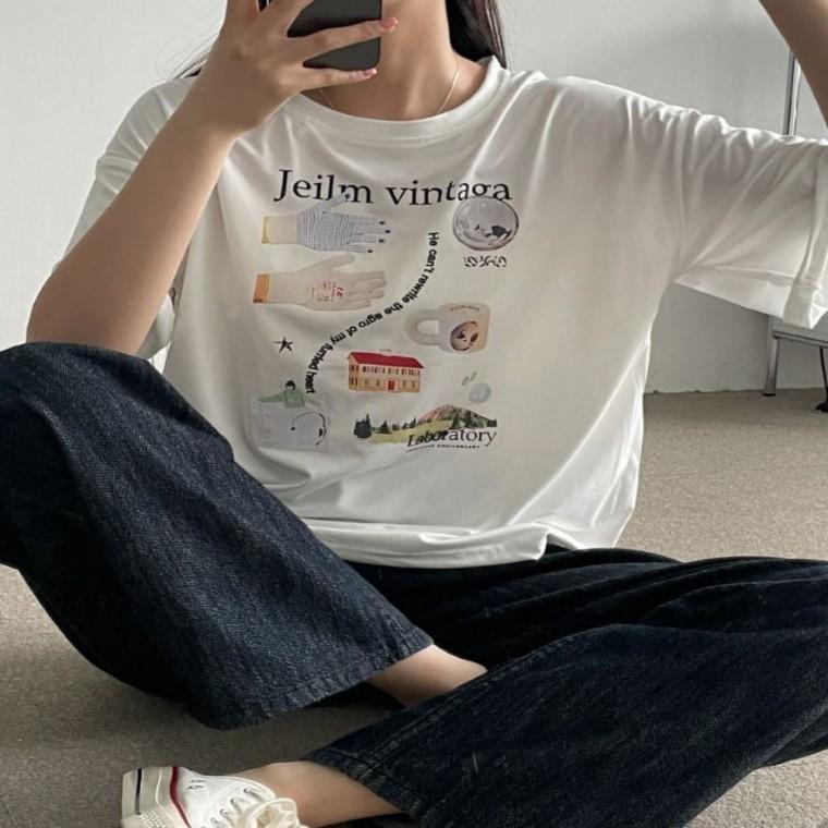 데일리반팔 오버핏 여름반팔 여성빅사이즈티 롱티셔츠 얇은 여성 프린팅
