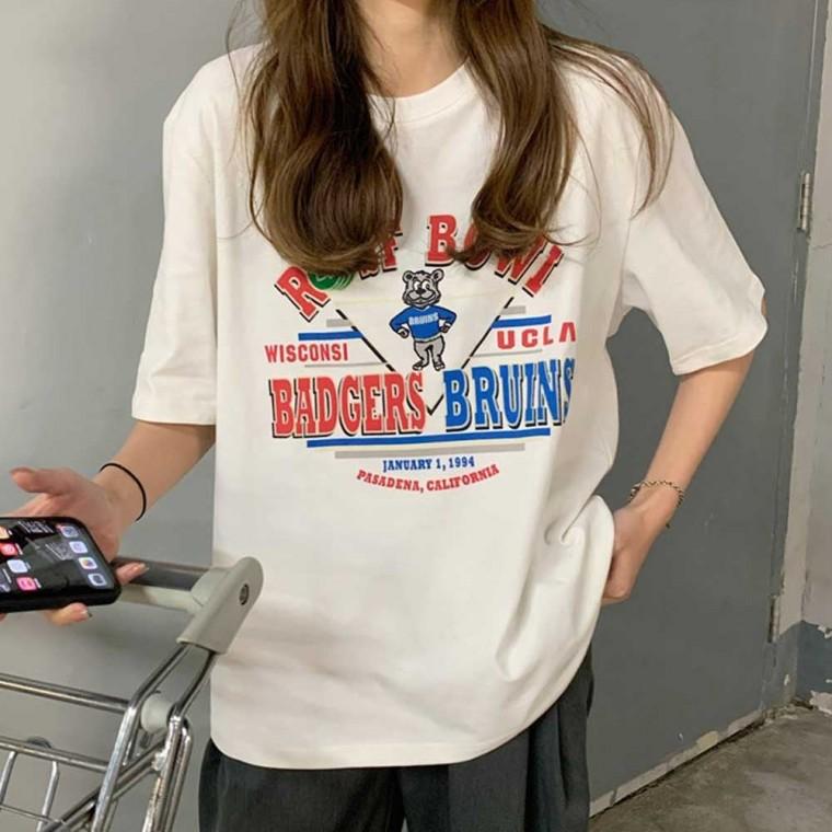 여성티셔츠 여자오버핏반팔티 얇은티 박스티 나시티 여름맨투맨 포인트 곰돌이