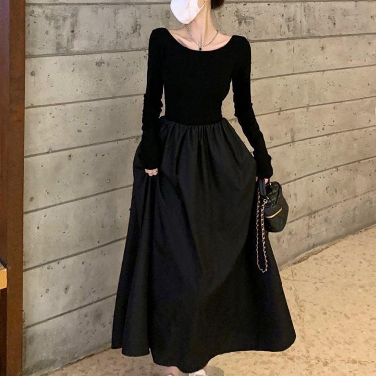 여성 A라인 슬림핏 스타일 신축성 좋은 올블랙 원피스 여자 니트 미니 치마 여름 반팔