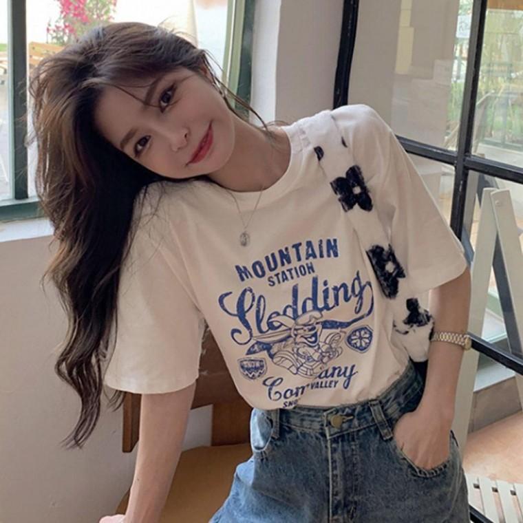 여성 박스핏 프린팅 라운드넥 면 반팔 티셔츠 오버핏 여름 빅사이즈 반팔티 무지 여자