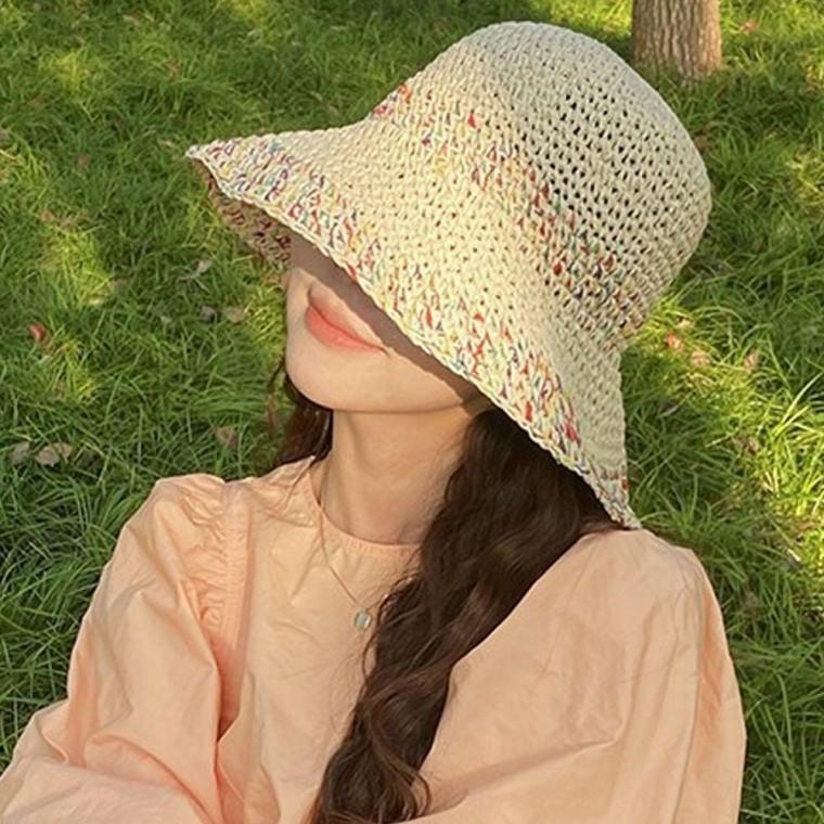 여성 여름 왕골 밀짚 벙거지 버킷햇 모자 크림 밀짚모자 밀집 여자 캠핑 휴양지 해변