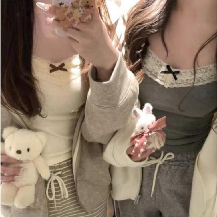 여성 레이스 끈나시 여자 여름 리본 골지 나시 레이어드 탑
