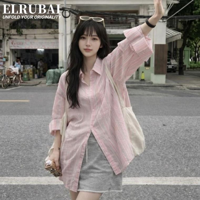엘루바이 여성 오버핏 스트라이프 셔츠 긴팔 루즈핏여츠 빅사이즈 여름루즈핏 큰셔츠 헐렁한셔츠 블라우스