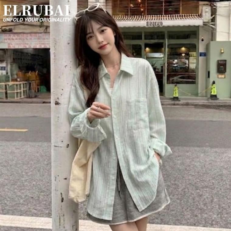 엘루바이 여성 빅사이즈 오버핏 스트라이프 셔츠 긴팔 루즈핏여츠 여름루즈핏 큰셔츠 헐렁한셔츠 블라우스