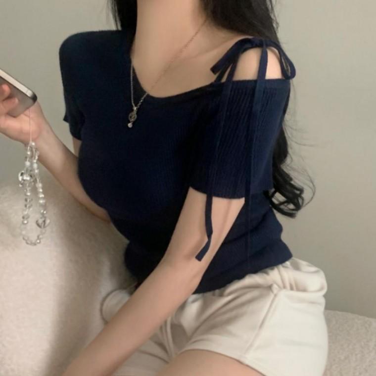 여성 여름 여리핏 언발 오프숄더 리본 반팔 니트탑