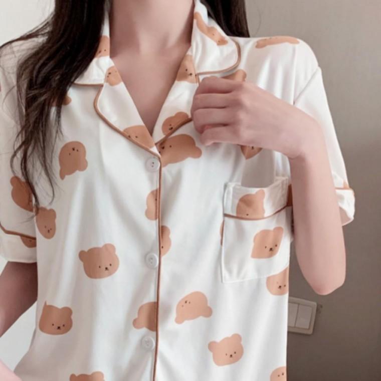 여름 파자마 잠옷 여성 귀여운 2p 체크 블랙 크림곰