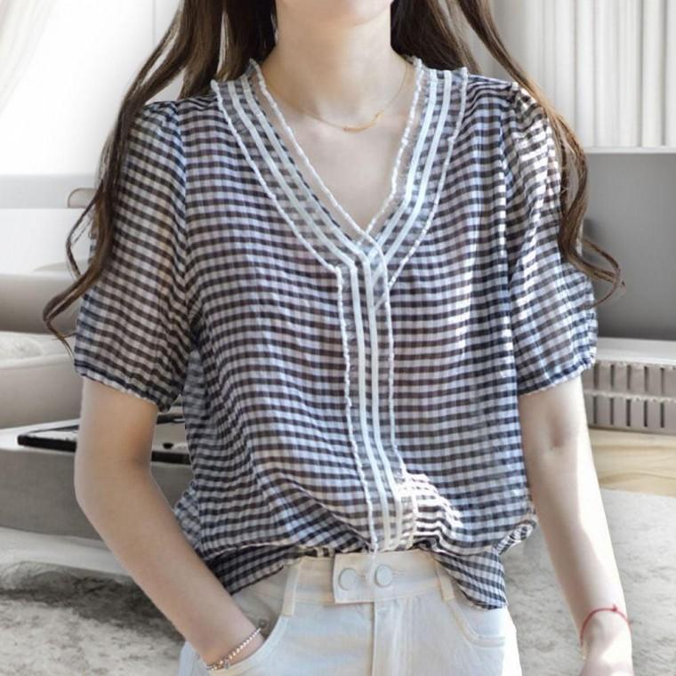 여성블라우스 여성 시원한 셔링 반팔 데일리룩 코디 여름 블라우스 브이넥 체크