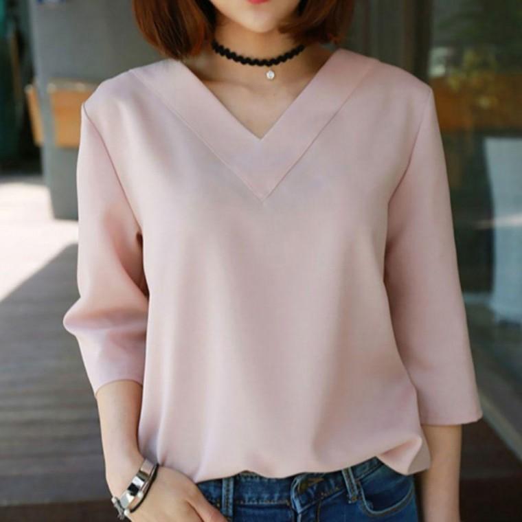 블라우스 여성블라우스 깔끔한 여름 오피스룩 상의 7부 데일리 디자인 여성 브이넥