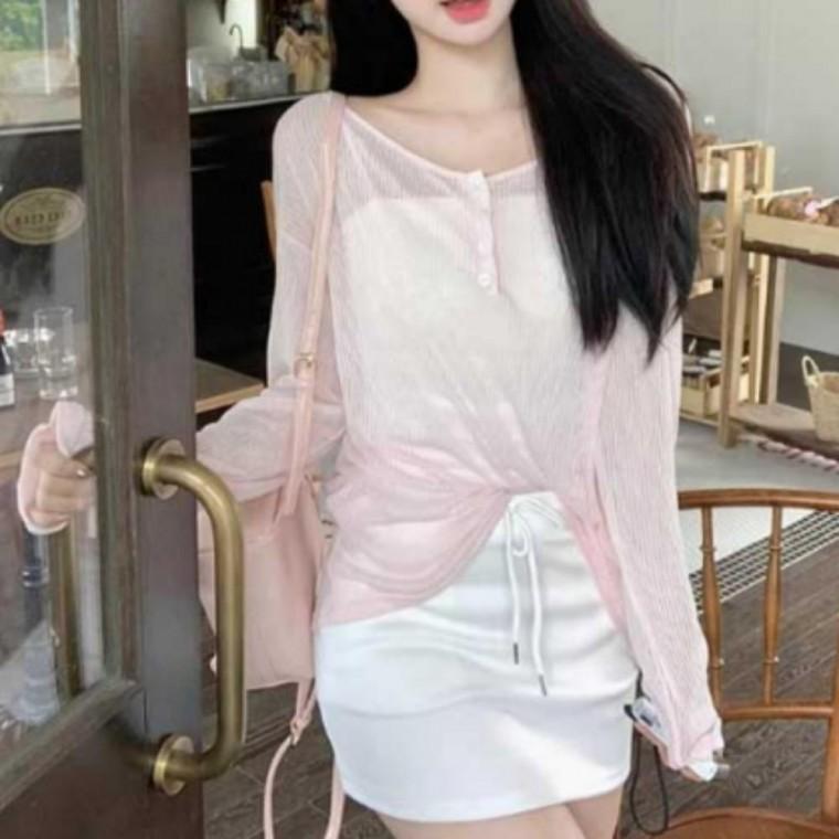 데이트 여름 긴팔 티셔츠 레이어드 시스루 여리핏 여자 냉감 상의