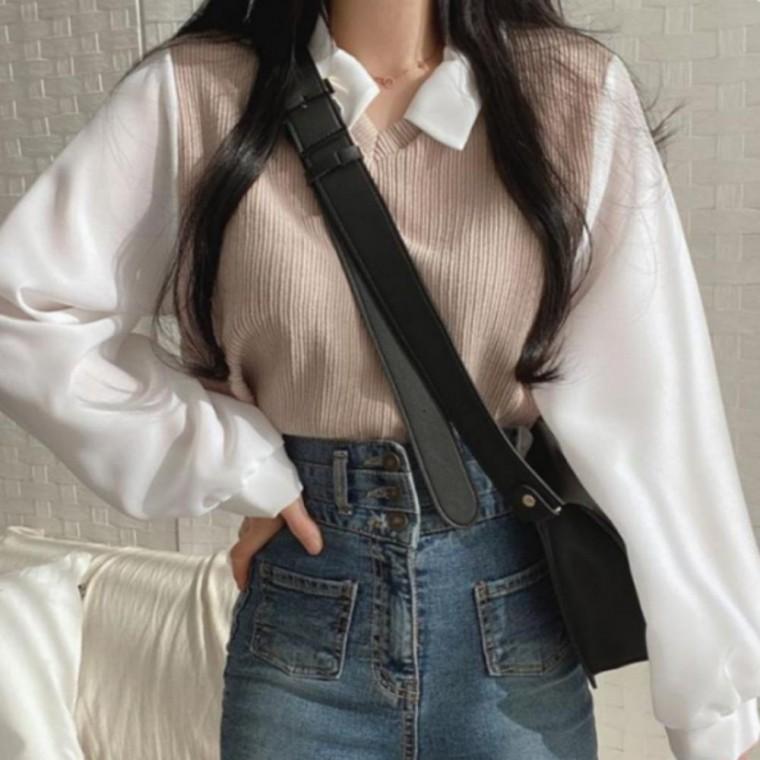 출근룩 깔끔한 니트 여성블라우스 카라 배색 블라우스 여성 여름 오피스룩 페이크 원픽