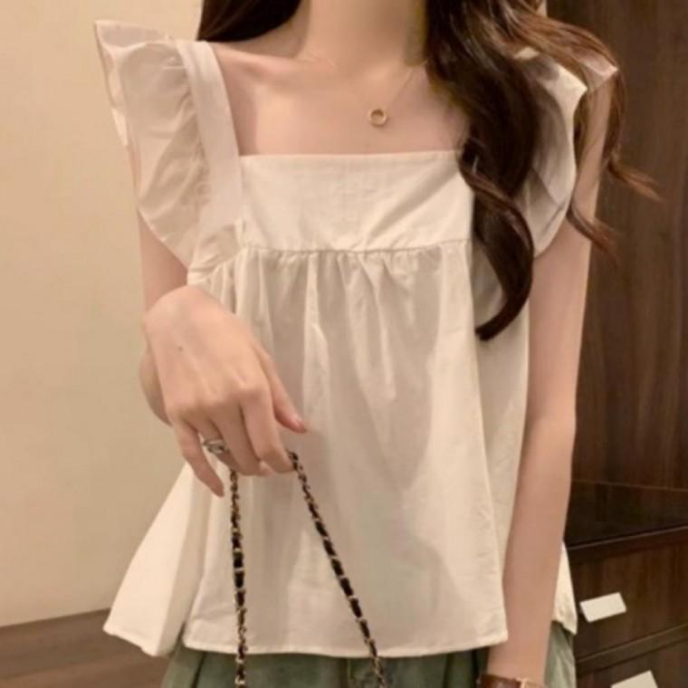 민소매 러블리 여름 하객룩 데이트룩 여성 시원한룩 민소매블라우스 2컬러 블라우스 프릴 데일리룩 여성블