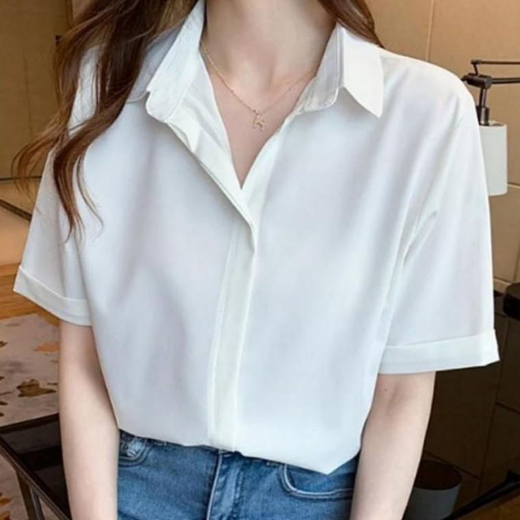 오피스룩 반팔블라우스 루즈핏 여름 여성 기본템 시원한 블라우스 출근룩 셔츠 반팔 카라 여성블라우스 원