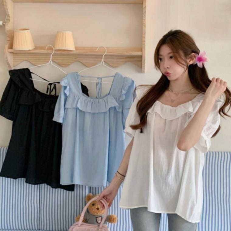 여성블라우스 기본데일리룩 편한 프릴블라우스 블라우스 프릴 시원하고 스퀘어넥 데일리 여성 반팔 여름