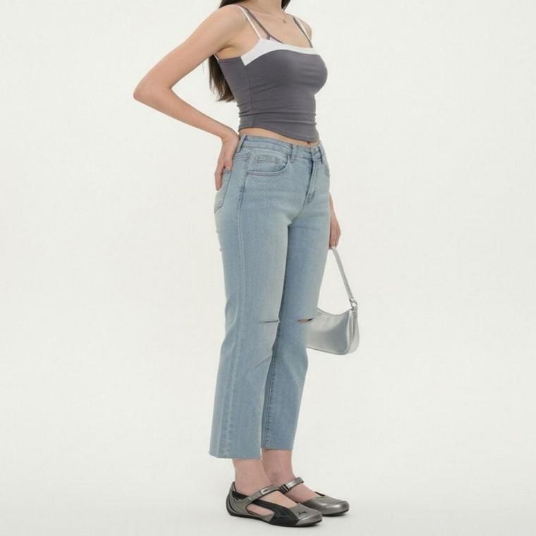 여성스판청바지 여름 무드 데님팬츠 여성 청바지 스판데님팬츠 칼컷팅 시원한 봄