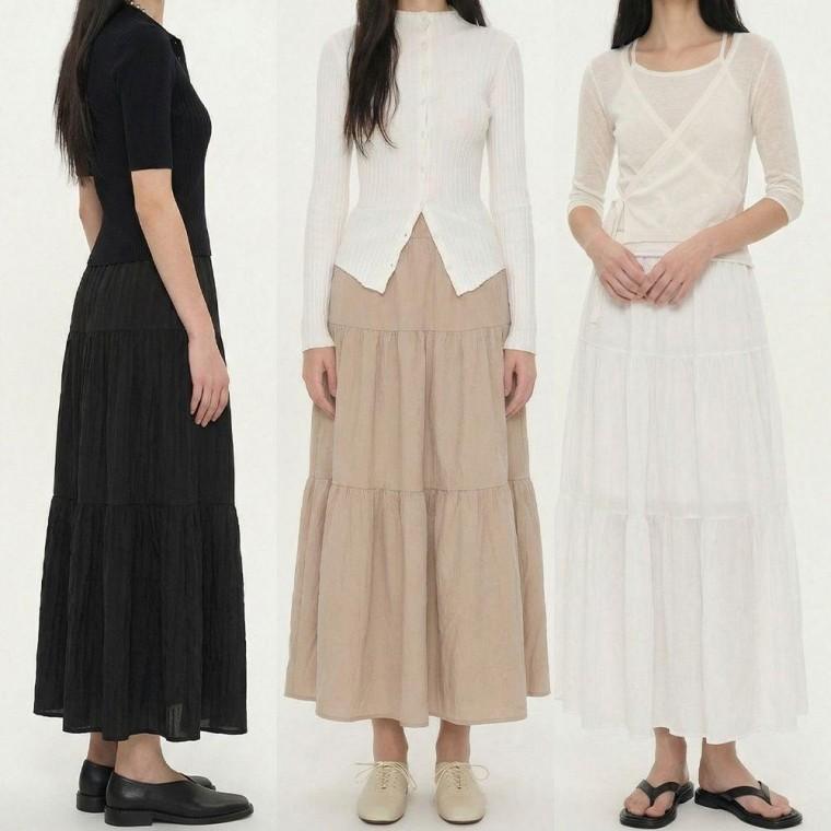 여성 롱 플레어스커트 캉캉스커트 밴딩치마 면혼방 간절기 여름 여행 데일