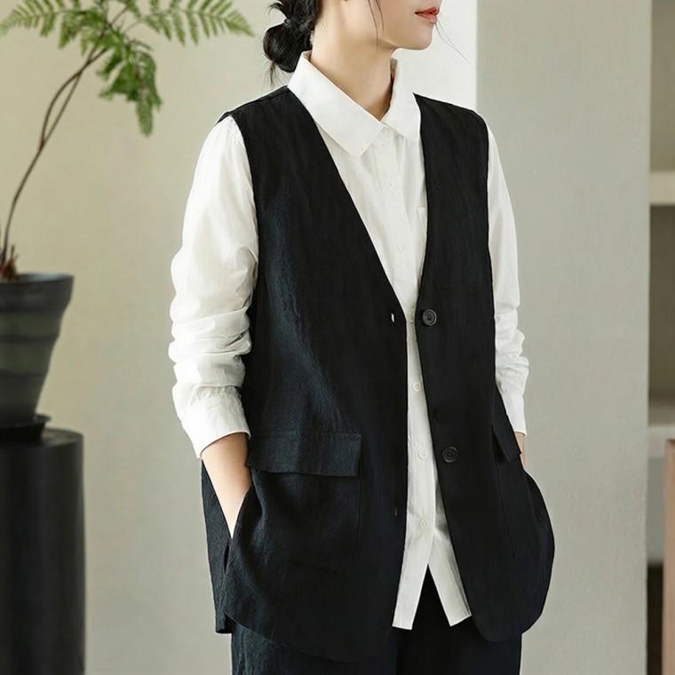 여성 빅사이즈 봄 여름 가을 포켓 린넨 쿨 마 조끼 데일리 루즈핏 오피스룩 베스트