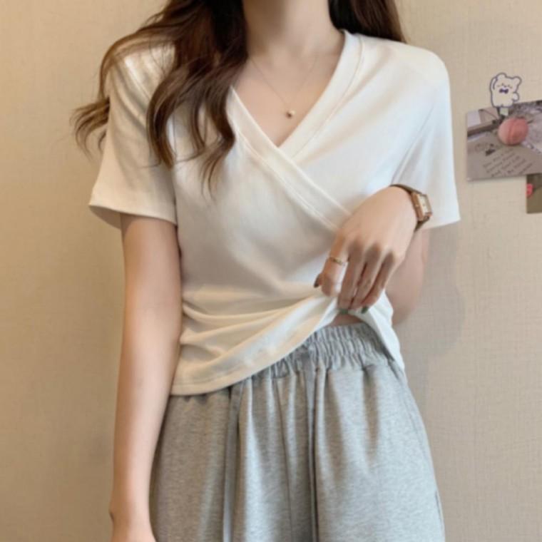 여성 여름 언발 슬림핏 여리핏 랩 브이넥 반팔 티셔츠