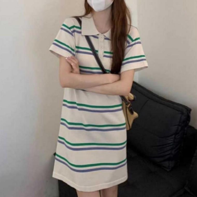 카라넥원피스 원피스 여자 여자반팔원피스 스트라이프 넥 카라 대학생 반팔 여름