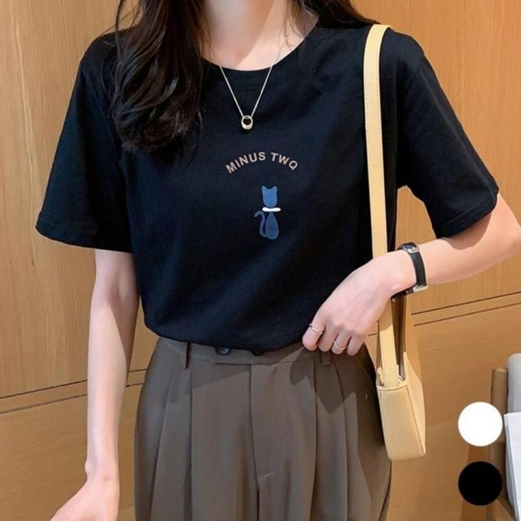 여성 라운드넥 미니멀 냥이 반팔 티셔츠 여성티셔츠 빅사이즈반팔티 여름반팔 오버핏티셔츠
